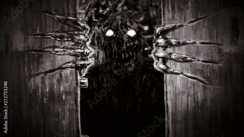 Canvas Print Enraged zombie monster opens bunker doors and growls.