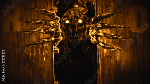 Quadro em tela Enraged zombie monster opens bunker doors and growls.