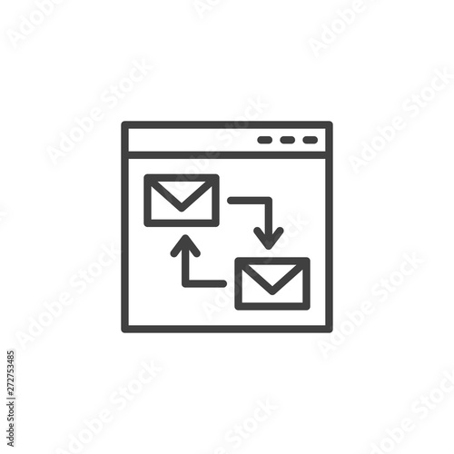 Website mailing line icon. Browser window with envelopes linear style sign for mobile concept and web design. Website page with email transfer outline vector icon. Symbol, logo illustration.