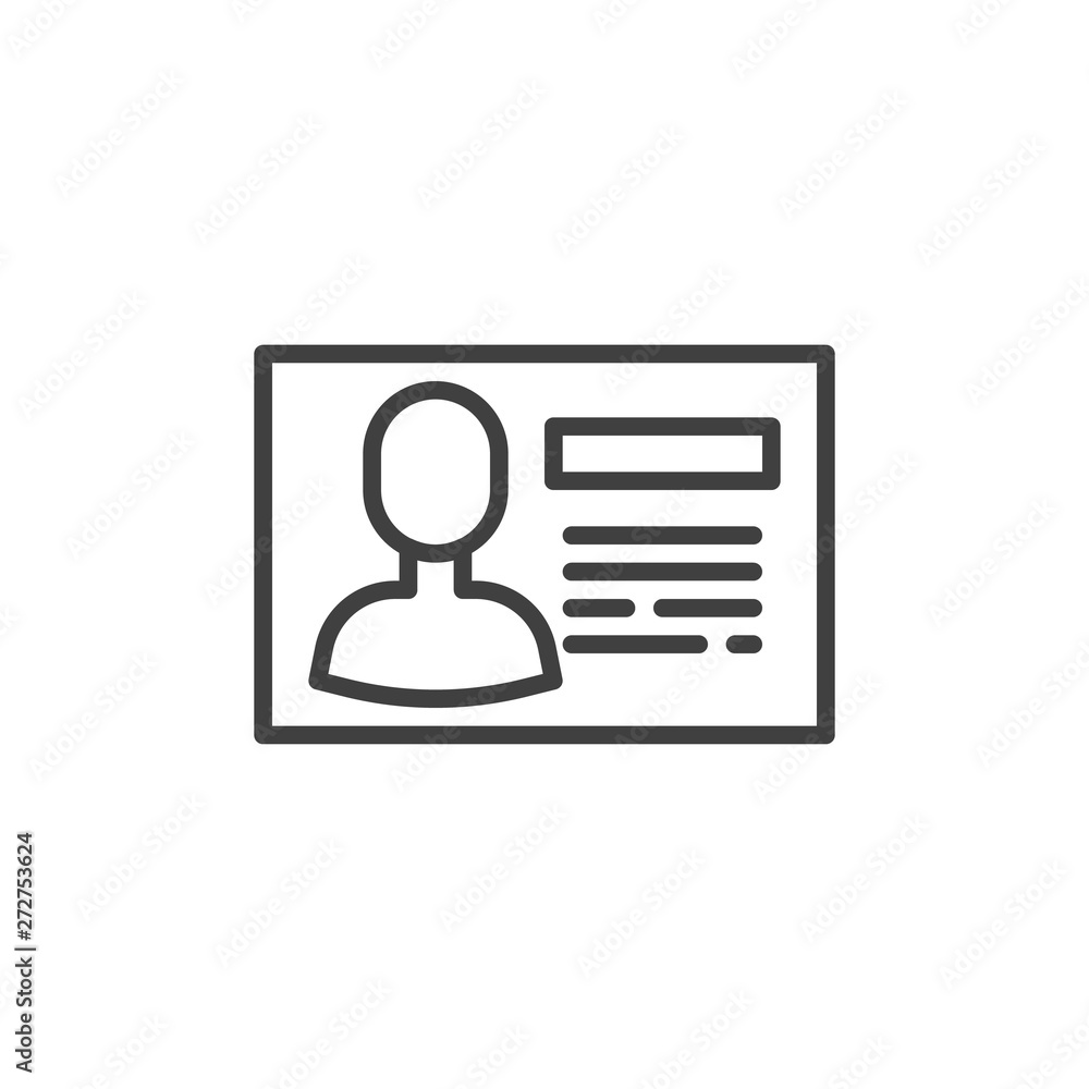 Identification badge line icon. Personal identity card linear style sign for mobile concept and web design. Id card outline vector icon. Symbol, logo illustration. Vector graphics Identification badge line icon. Personal identity card linear style sign for mobile concept and web design. Id card outline vector icon. Symbol, logo illustration. Vector graphics