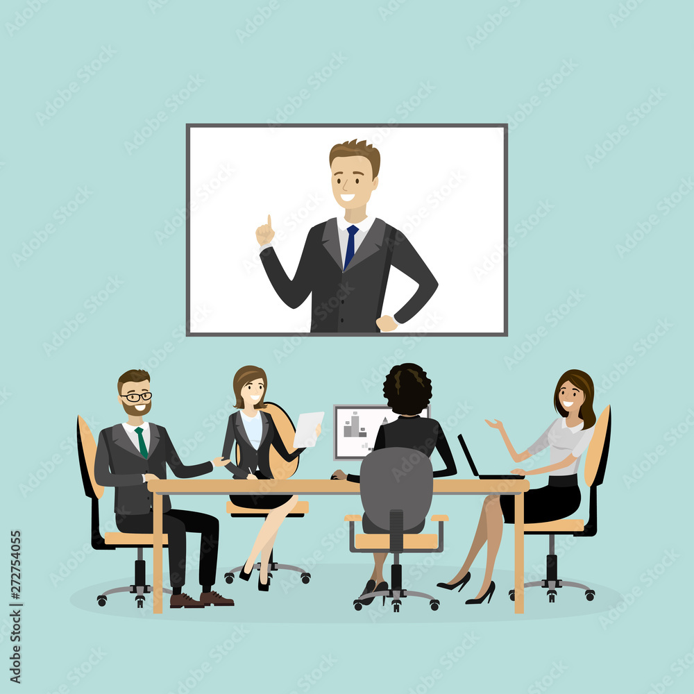 cartoon businessman and businesswomen communicate,online meeting or presentation cartoon businessman and businesswomen communicate,online meeting or presentation