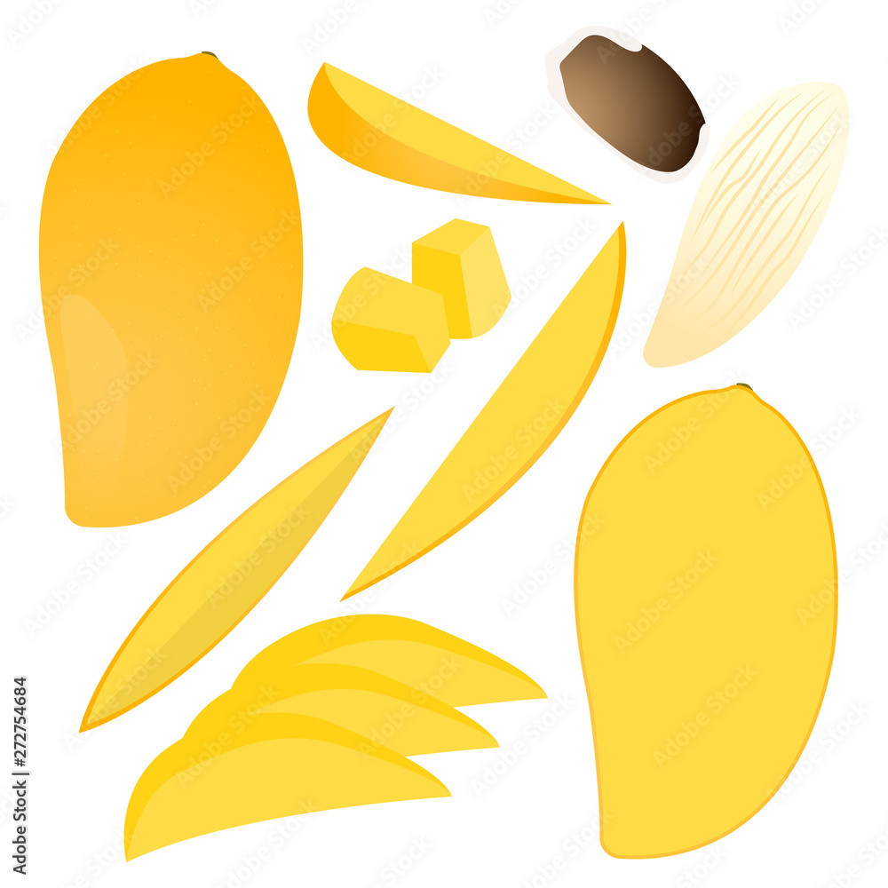 Mango vector illustration set. Whole, sliced and halved Mango graphics. Mango vector illustration set. Whole, sliced and halved Mango graphics.