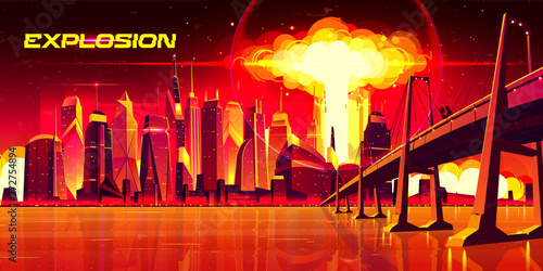 Nuclear explosion in city metropolis. Couple stand on bridge watching on fiery mushroom cloud of atomic bomb detonation raising under skyscrapers buildings, end of world. Cartoon vector illustration