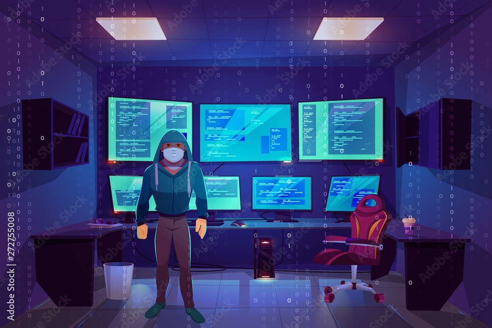 Hacker anonymous in mask in server room with multiple computer monitors