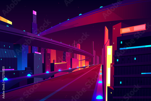 Night city road, empty streetscape freeway, speed two-lane highway, overpass or bridge in metropolis. Transport network infrastructure with urban skyscrapers in neon colors Cartoon vector illustration