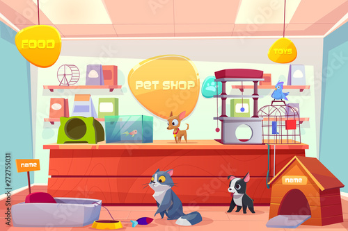 Pet shop with home animals, store interior with cat, dog, puppy, bird, fish in aquarium. Counter desk, accessories, food, toys, medicine on shelves. Petshop supermarket. Cartoon vector illustration