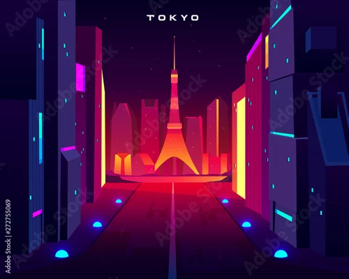Obraz Panoramę miasta Tokio noc z widokiem na wieżę telewizyjną skytree w neonowym oświetleniu. Architektura metropolii, nowoczesny megapolis ze świecącymi drapaczami chmur wzdłuż oświetlonej drogi. Ilustracja kreskówka wektor