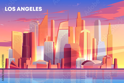 Los Angeles city skyline architecture near waterfront, modern megapolis with buildings skyscrapers reflecting in water surface under cloudy blue and pink sky with sun rays. Cartoon vector illustration