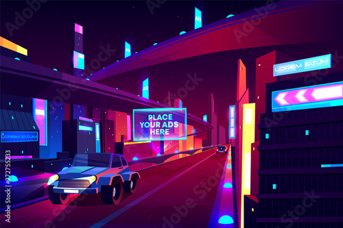 Night city road with moving cars banner, speed two-lane highway, overpass or bridge in metropolis. Transport network infrastructure with urban skyscrapers in neon colors. Cartoon vector illustration