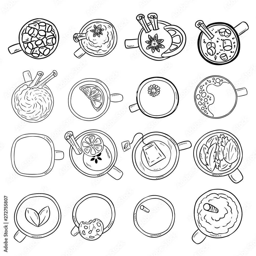 Set of cute yummy beverages doodle sketches. Cups of tea and coffee doodles. Hand drawn cartoon style collection of lineart mugs Set of cute yummy beverages doodle sketches. Cups of tea and coffee doodles. Hand drawn cartoon style collection of lineart mugs