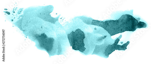 Abstract watercolor background hand-drawn on paper. Volumetric smoke elements. Blue-Green color. For design, web, card, text, decoration, surfaces. © colorinem