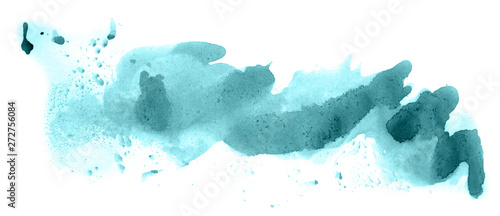 Abstract watercolor background hand-drawn on paper. Volumetric smoke elements. Blue-Green color. For design, web, card, text, decoration, surfaces.