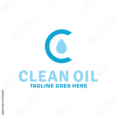 Letter C Logo For Clean Oil With Flat Style. Natural Blue Water Symbol. Energy Emblem For Business and Company