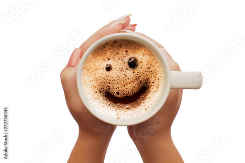 Women's hand holding a cup of coffee smile face frome