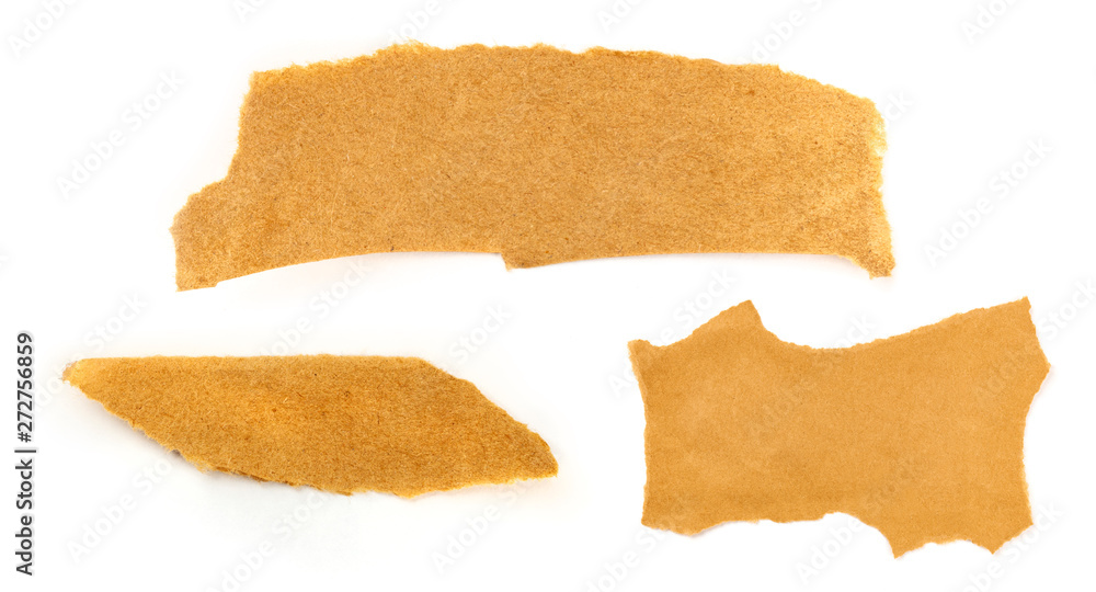Pieces of torn brown craft paper, shot from the top on a white background. A collection of design elements with a place for text Pieces of torn brown craft paper, shot from the top on a white background. A collection of design elements with a place for text