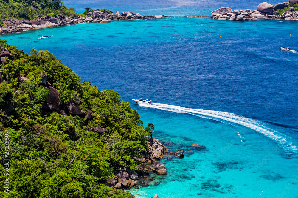 Image from top view Beautiful tropical beach with tree,beach in similan island,beach sand andaman sea
