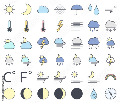 Weather line icon set, filling with pastel colors  - sun, moon phase, cloud, rain, snow, rainbow, thunder