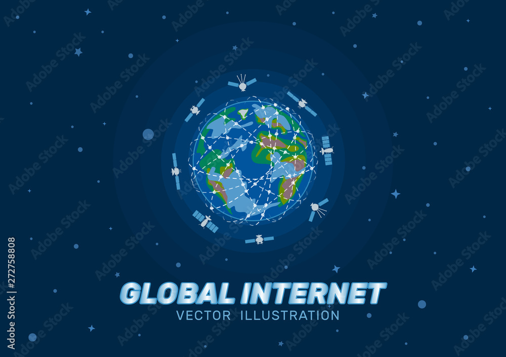 group of satellites fly in outer space around the earth. planet global internet technology concept