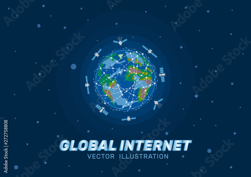 group of satellites fly in outer space around the earth. planet global internet technology concept