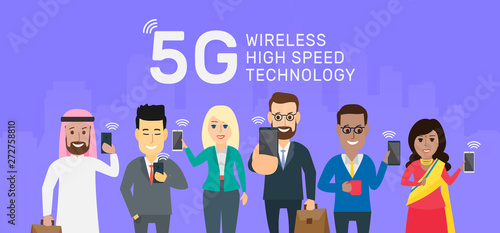 international group of people using smartphones with 5G network wireless technology