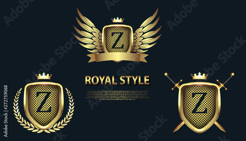 Set of modern heraldic shields with crowns and initial letter Z isolated on black background. 3D letter monogram different shapes in golden style. Design elements for logo, label, emblem, sign, icon