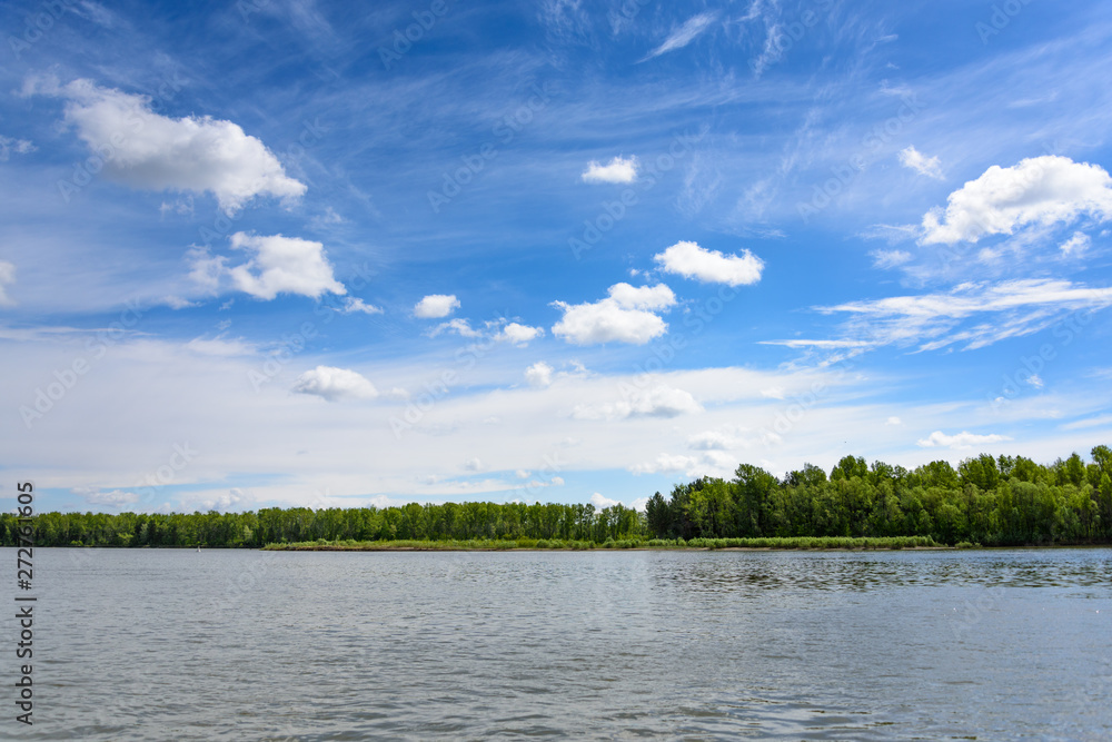 view from the river to the wooded shore. Blue sky with clouds on summer day view from the river to the wooded shore. Blue sky with clouds on summer day