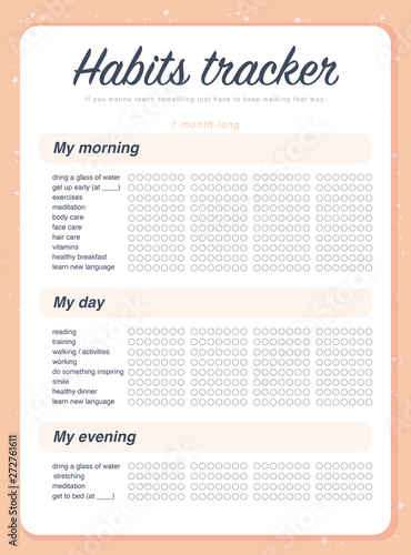 Vector habits tracker page design template calendar  for month. Time management equipment. Flat lay, organizer mock up. Pastel colors. Monthly organizer with examples of activities.