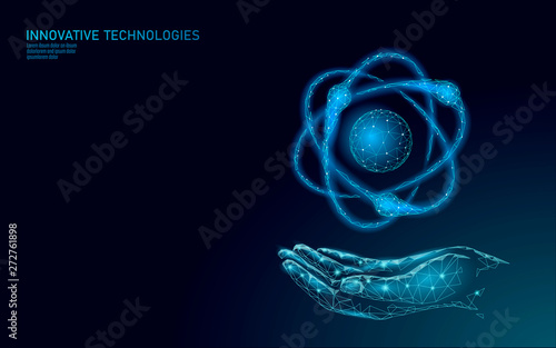 Atom particle sign in hands world map. Nuclear military weapons global danger. Atomic power defence country security. Nuke arm international violence treaty concept vector illustration