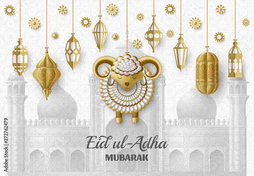 Eid Ul Adha Background. Islamic Arabic lanterns and sheep. Greeting card. Festival of the Sacrifice