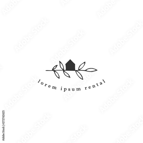 A green eco house, hand drawn vector logo template. Property rental theme.