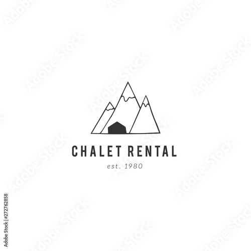 Property rental theme. Hand drawn vector logo template, a house at the foot of the mountain.