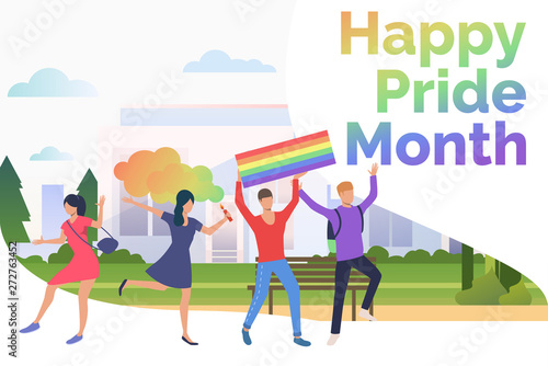 Cheerful people in happy pride parade. Diversity, discrimination, freedom concept. Presentation slide template. Vector illustration for topics like tolerance, homophobia, social rights