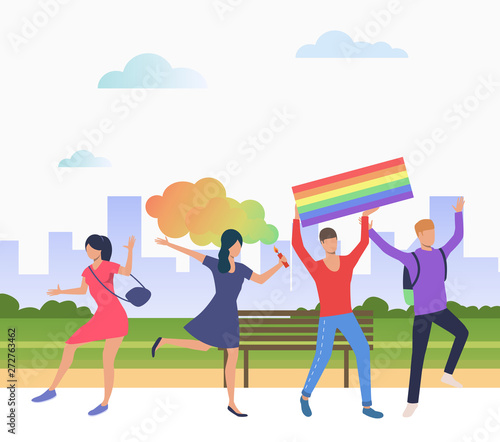 Cheerful people in pride parade. Diversity, discrimination, freedom concept. Vector illustration can be used for topics like tolerance, homophobia, social rights