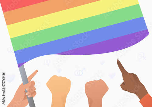 Diverse people hands holding and pointing at LGBT flag. Diversity, discrimination, freedom concept. Vector illustration can be used for topics like tolerance, homophobia, social rights