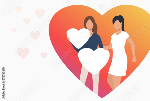 Lesbian couple holding hearts. Diversity, discrimination, love concept. Vector illustration can be used for topics like tolerance, homophobia, social rights