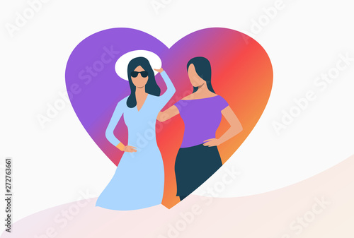 Lesbian couple in heart. Diversity, discrimination, love concept. Vector illustration can be used for topics like tolerance, homophobia, social rights
