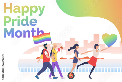 Men and women in happy pride parade. Diversity, discrimination, freedom concept. Presentation slide template. Vector illustration for topics like tolerance, homophobia, social rights
