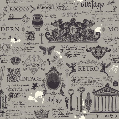 Vector seamless pattern, hand drawn background on the theme of vintage art objects, furniture and Antiques in retro style. Wallpaper, wrapping paper, textile, fabric or background for clothes