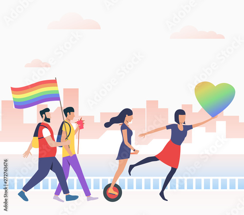 Men and women in pride parade. Diversity, discrimination, freedom concept. Vector illustration can be used for topics like tolerance, homophobia, social rights