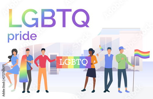 People holding flags in LGBTQ parade in city. Diversity, discrimination, freedom concept. Vector illustration can be used for topics like tolerance, homophobia, social rights