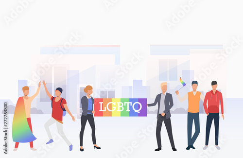 People in LGBTQ parade in city. Diversity, discrimination, freedom concept. Vector illustration can be used for topics like tolerance, homophobia, social rights