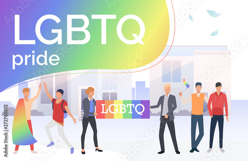 People taking part in LGBTQ pride parade in city. Diversity, discrimination, freedom concept. Vector illustration can be used for topics like tolerance, homophobia, social rights