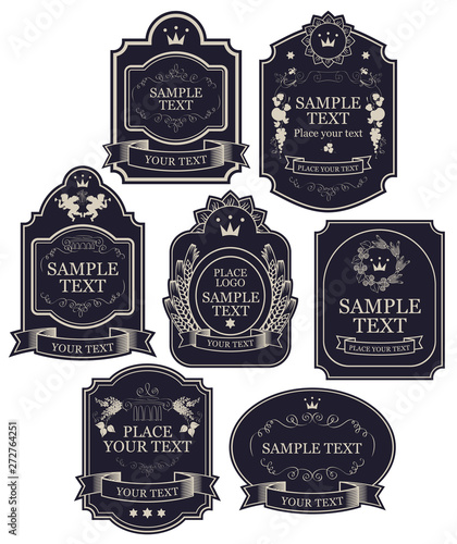 Set of vintage vector labels in black and silver colors, with crowns, ribbons, angels, curls, spikelets, in figured frames