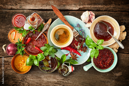 Fototapeta Naklejka Na Ścianę i Meble -  Assorted spicy marinades, sauces and rubs