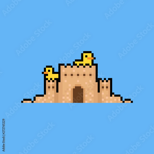 Pixel art sand castle with two duck.8bit.