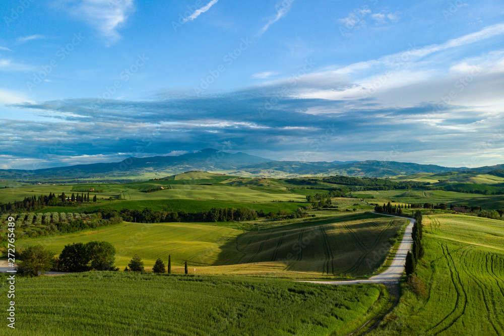 Beautiful aerial view of Tuscany Hills, Italy in spring.
