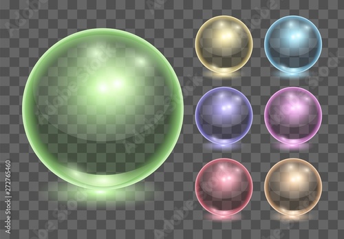 Set of vector realistic color transparent glass balls, shine spheres or soup bubbles on dark background. 3D illustration.