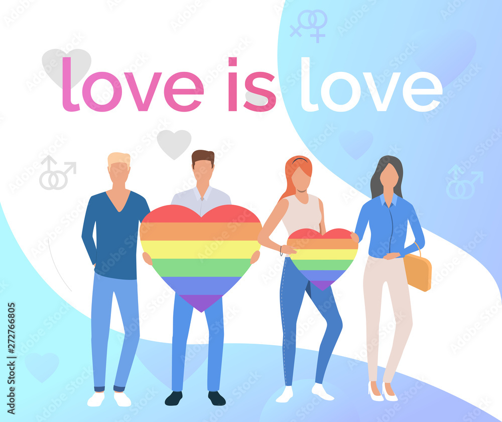 Love is Love pride flyer design. Gay couples with rainbow hearts. LGBTQ ...