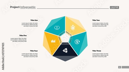 Cycle diagram with five options. Option chart, segments, slide template. Creative concept for infographics, presentation, project, report. Can be used for topics like business, startup, investment