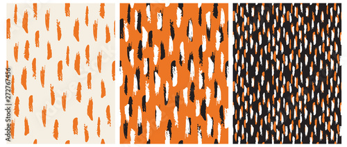 Abstract Hand Drawn Brush Stripes Vector Patterns. Orange, Black and White Stripes on an Orange and Black Backgrounds. Irregular Geometric Repeatable Vector Design for Textile, Wrapping Paper.